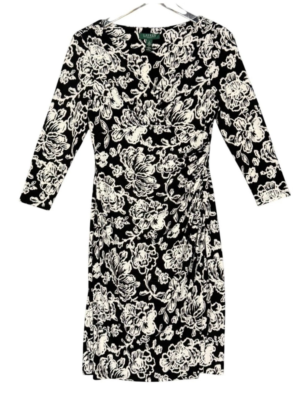 Lauren Ralph Lauren Dress Women’s 8 Black White Floral 3/4 Sleeve Faux Wrap